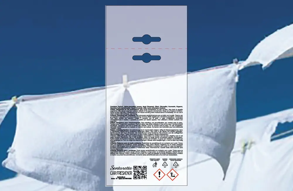 Șablon personalizat pentru ambalaj odorizant auto, aromă:﻿Gust de curat